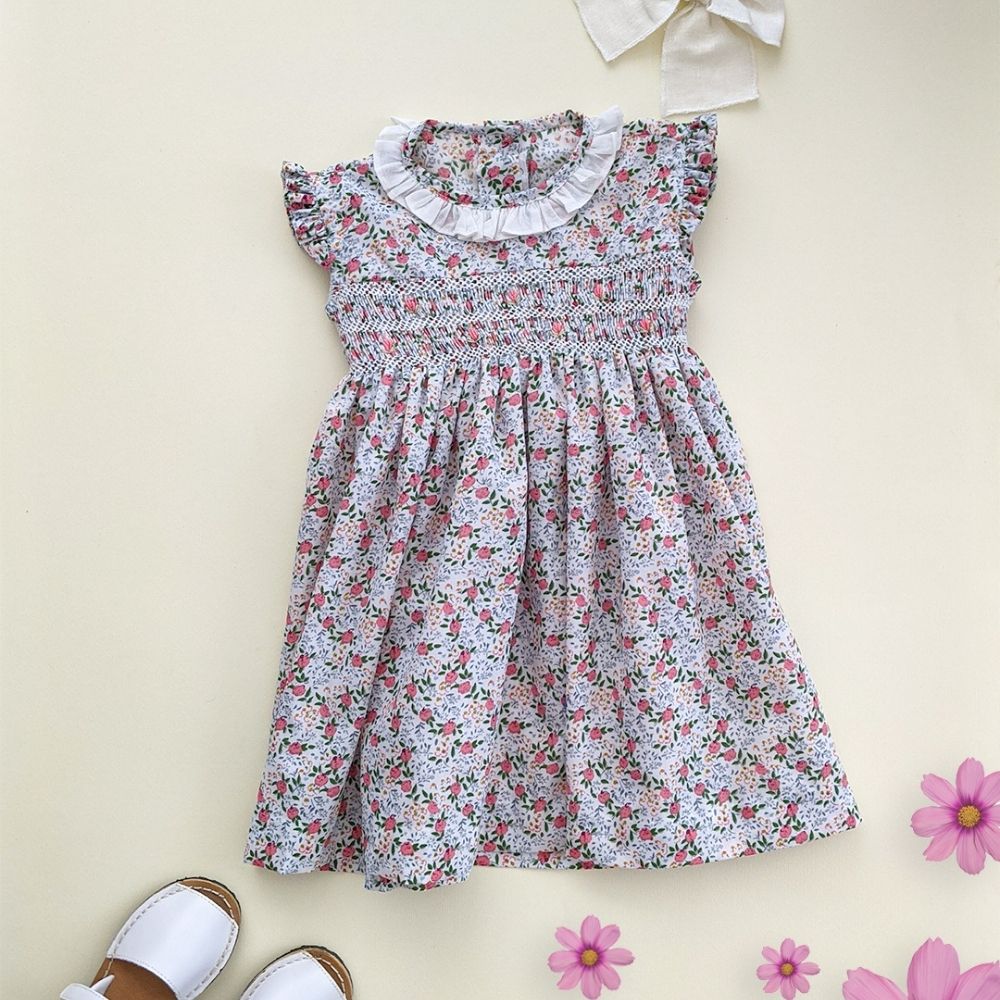 Vestido Clásico smock estampado flores coral
